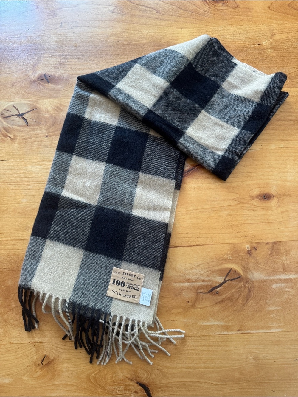 Filson Black and Khaki Buffalo Plaid Wool Scarf